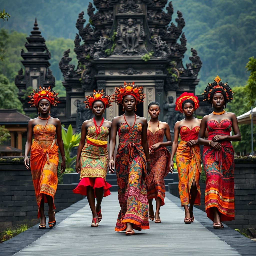 Black Women in Vibrant Balinese Attire Strut Down Catwalk in...