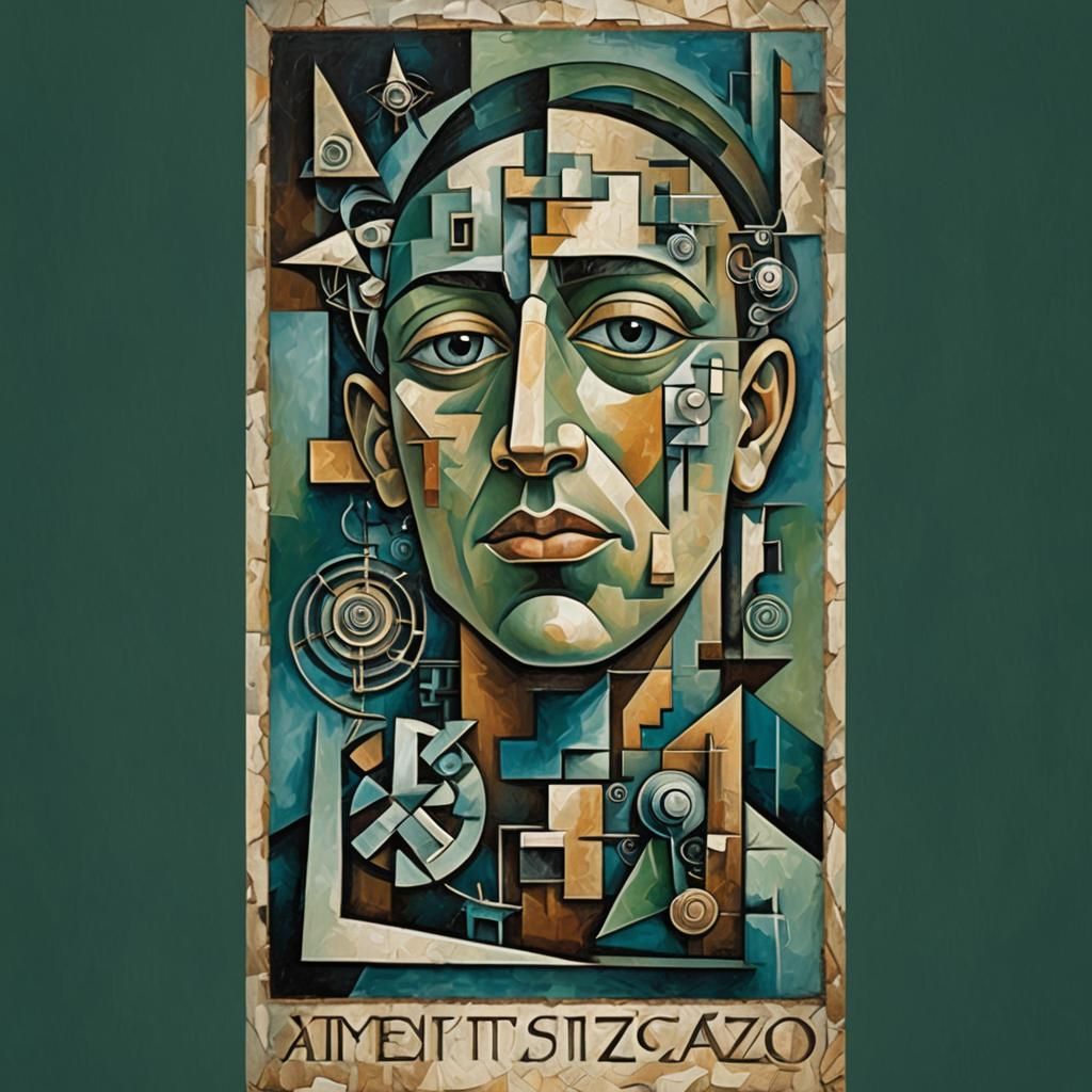 Cubist Dreamer Portrait with Mystical Symbols