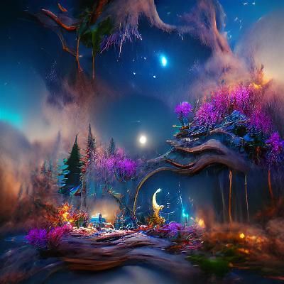 Fantasy Forest Under Moonlight: Detailed Matte Painting