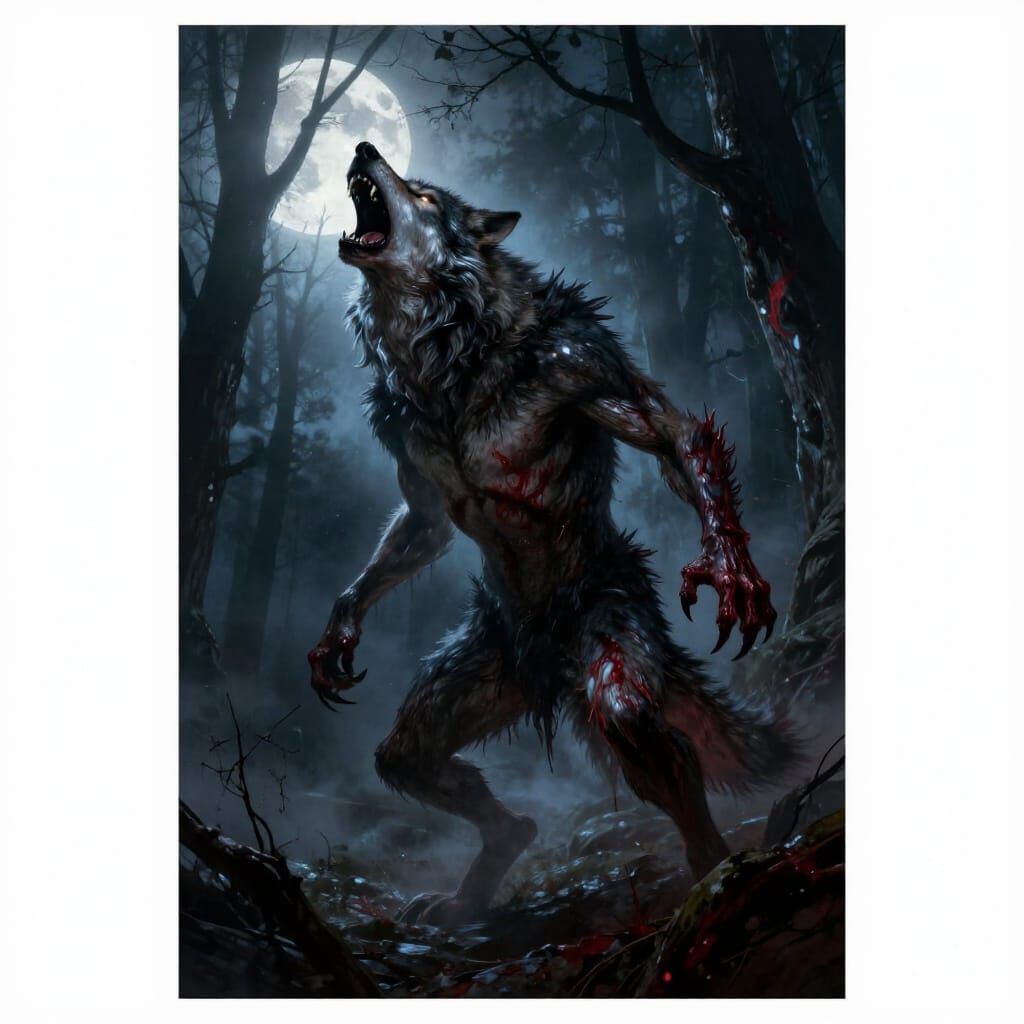 Terrifying Lycanthrope Howling at Full Moon in Misty Forest