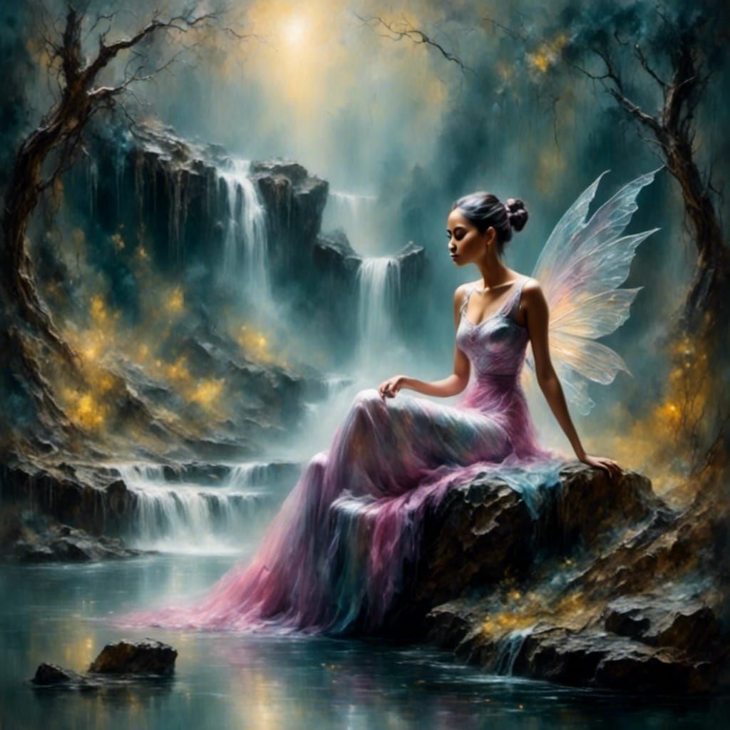 Ethereal Fairy by Waterfall in Fantasy Art