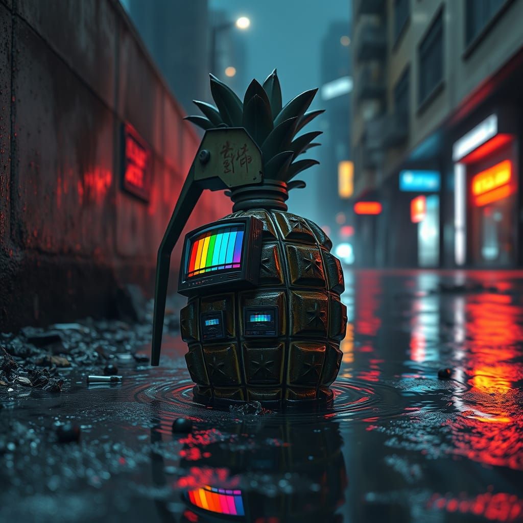 Cyberpunk Pineapple Grenade with Glitching TV Screens
