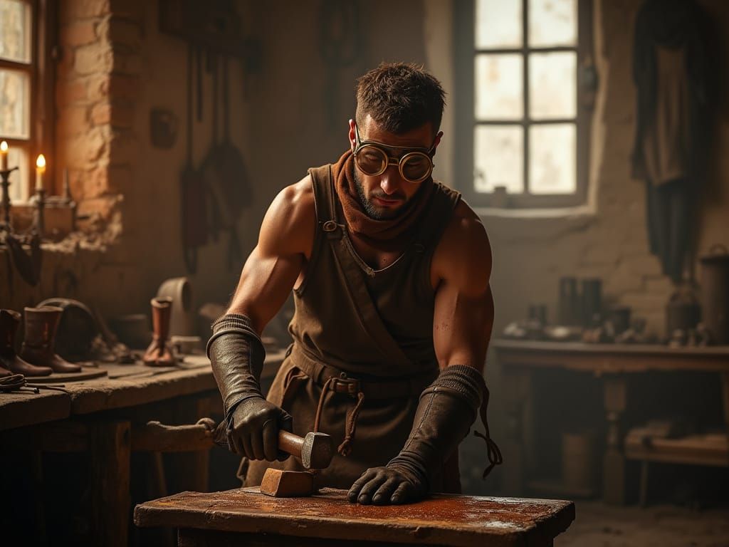 Fantasy Cobbler at Work in Medieval Workshop