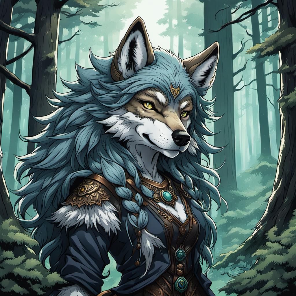 Anime Style Furry Wolf Woman in Forest