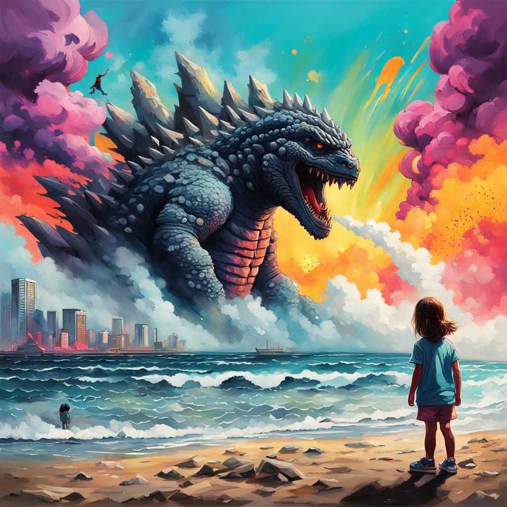 Smoke Godzilla Graffiti Art on the Beach