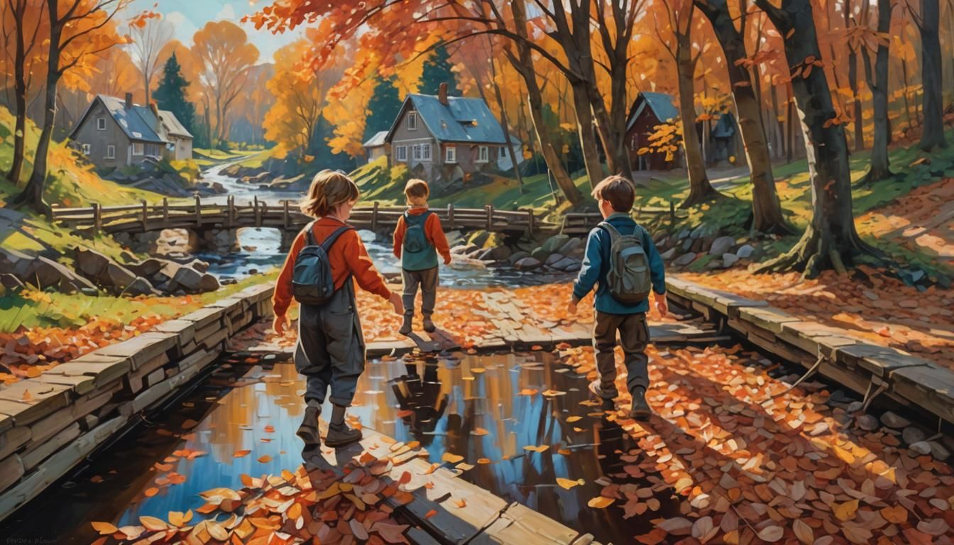 Children Playing in Autumn Village, Impressionist Oil Painti...