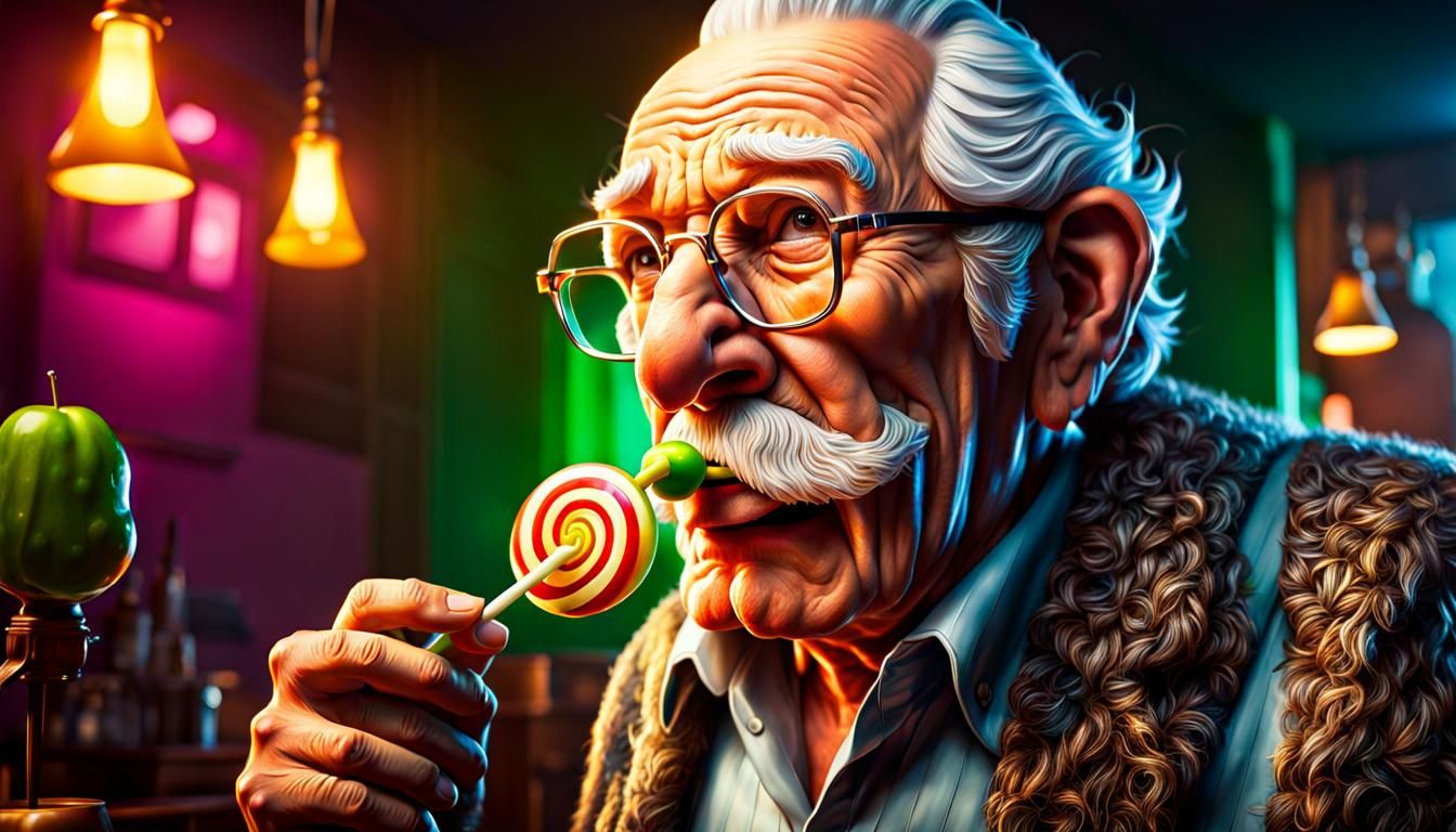 Grandpa Sucking Pickle Lollipop in Vibrant Colors