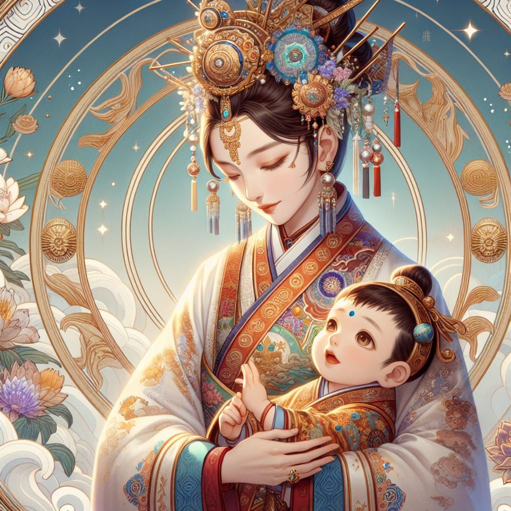 Anime-Style Mother and Child with Divine Aura