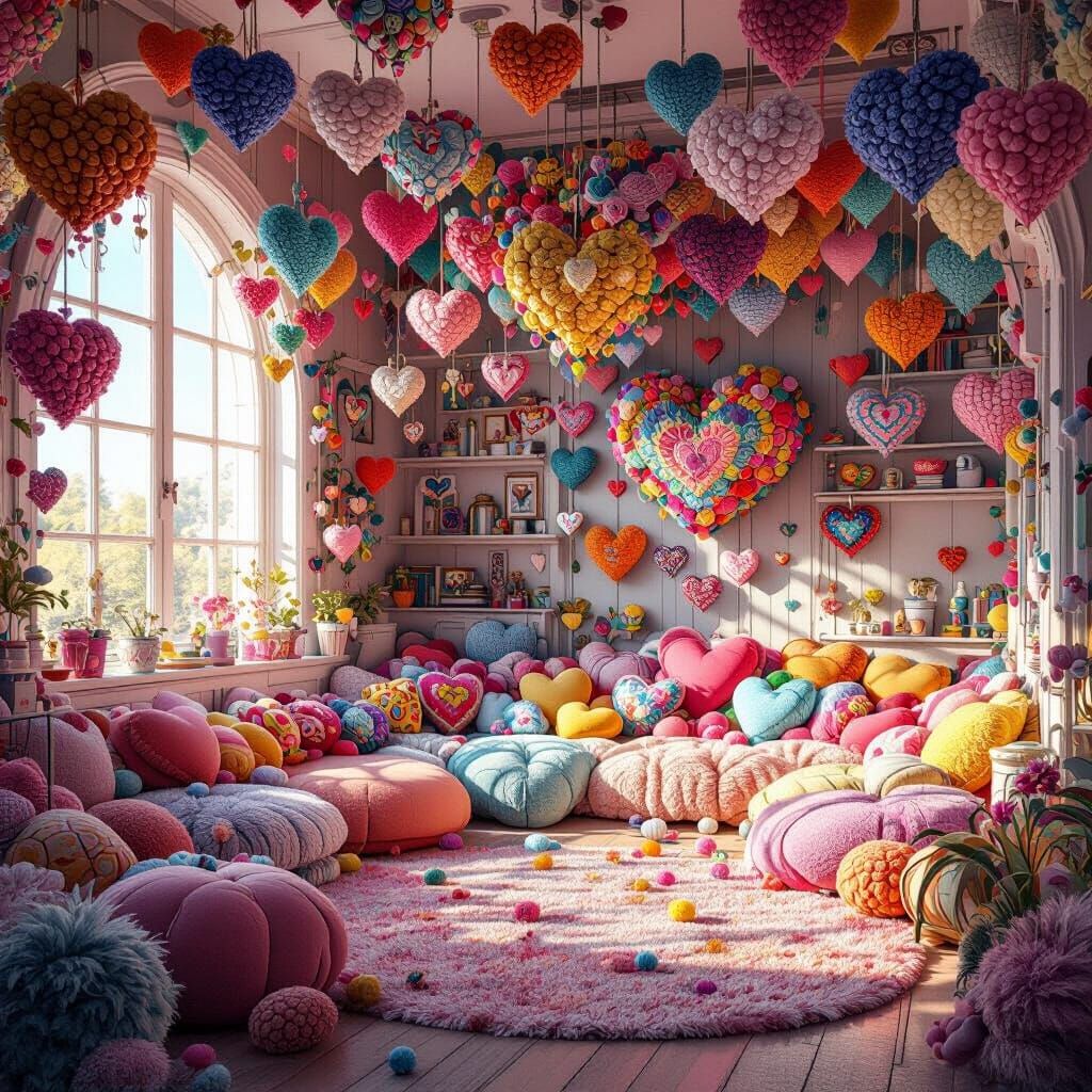 A cozy, brightly lit room filled with colorful heart shapedp...