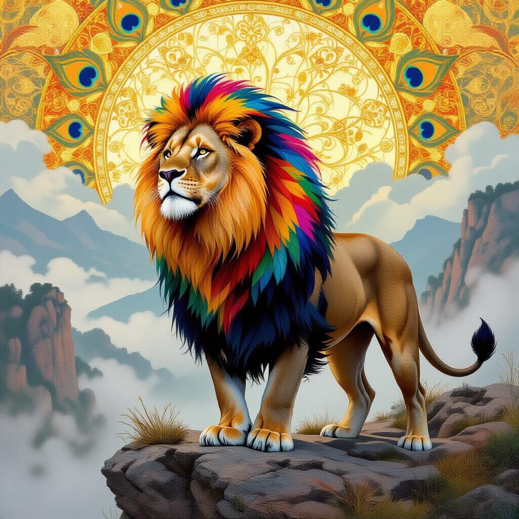 Lion with Iridescent Feathered Mane in Mixed Media Style