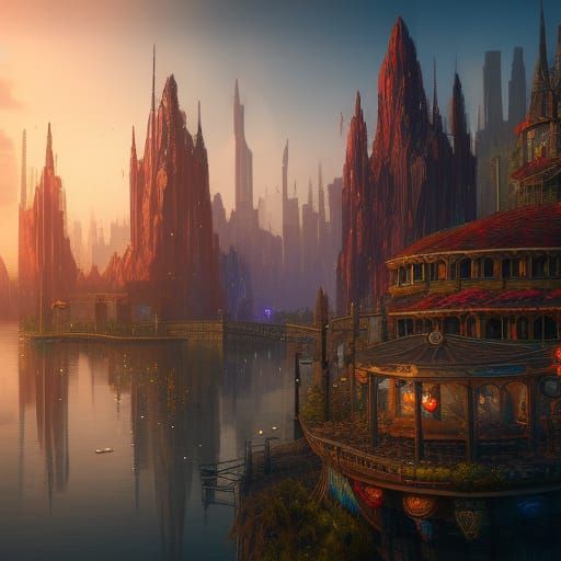 Fantasy City Waterfront in Detailed Matte Painting