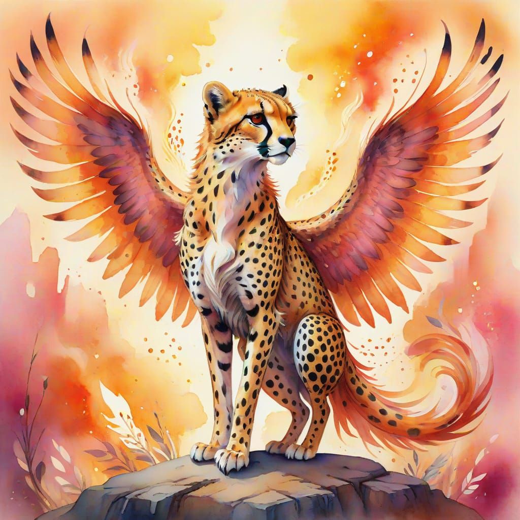 Whimsical Watercolor Cheetah Phoenix Fairy Hybrid