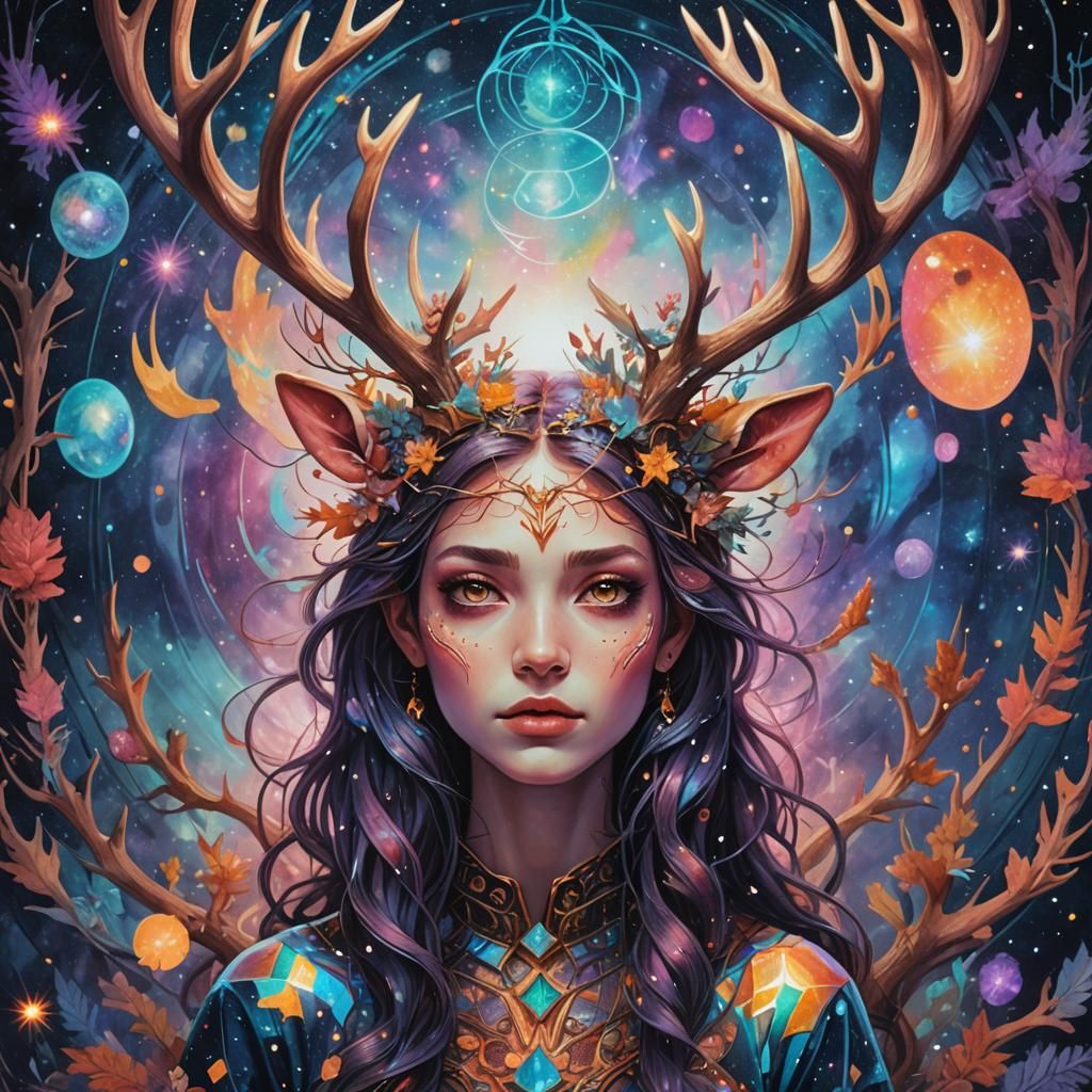 Girl with Antlers in Cosmic Holographic Illustration