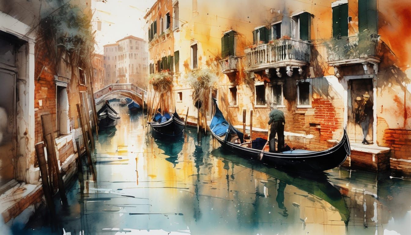Venice Canal Watercolor Masterpiece with Golden Hour Glow