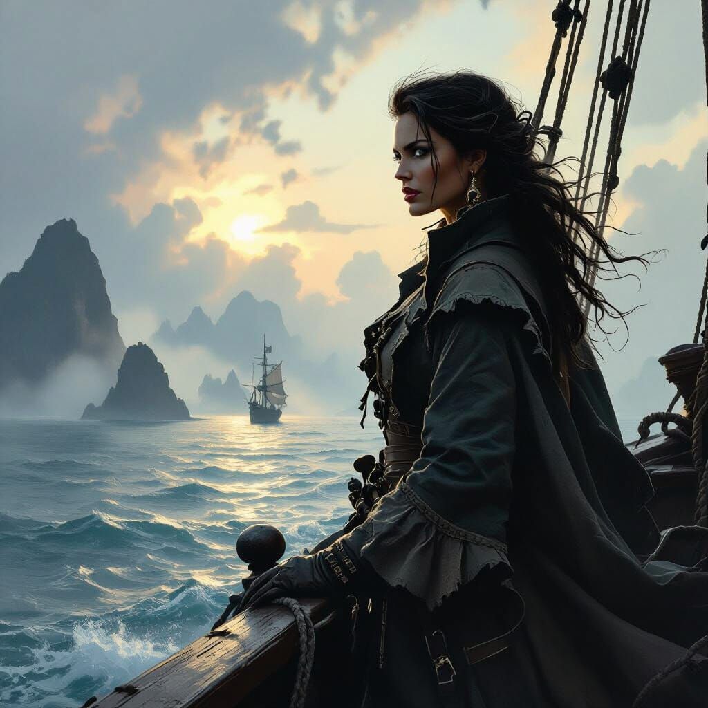 Pirate Captain at Dawn Over Mist-Shrouded Islands