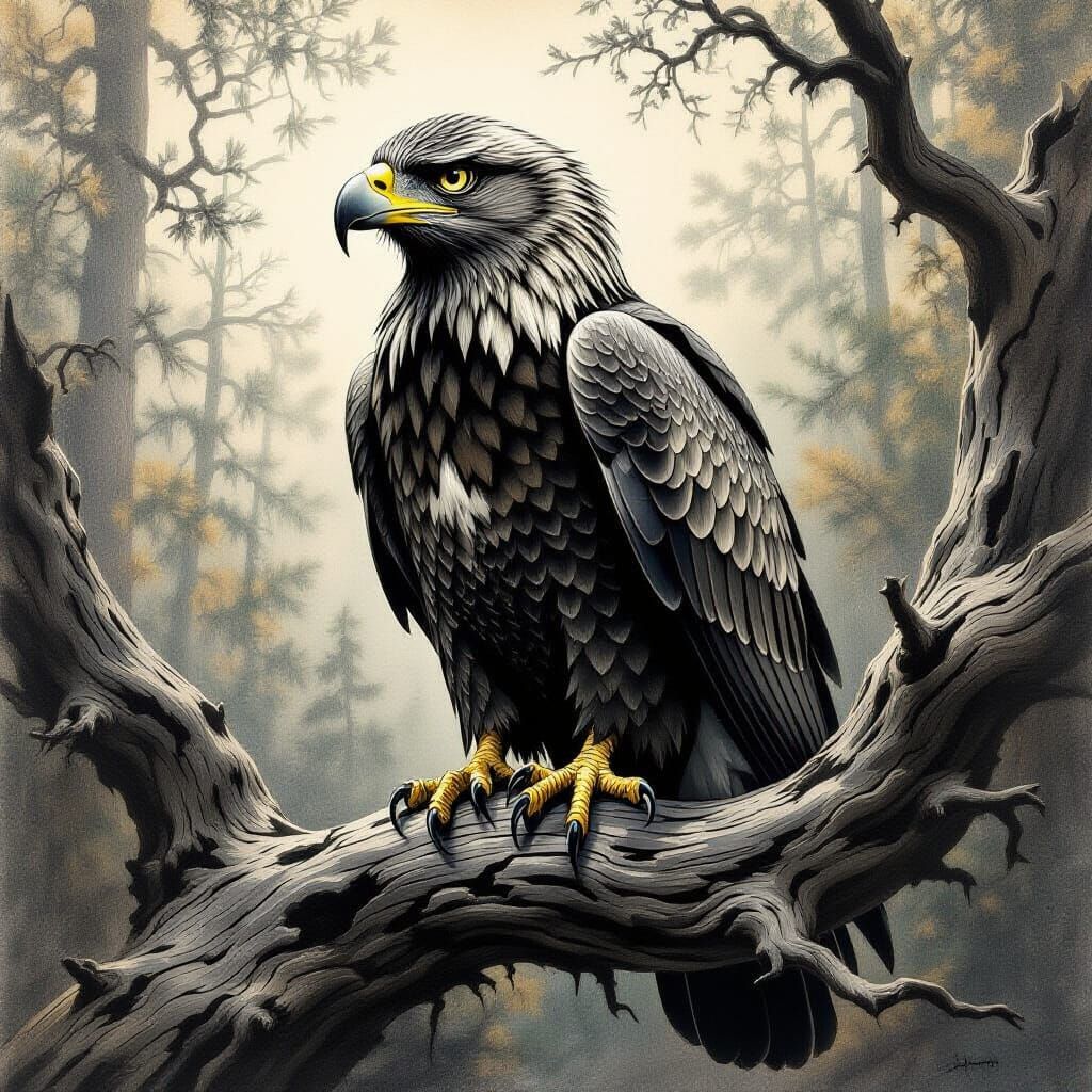 Majestic Wooden Eagle Charcoal Drawing