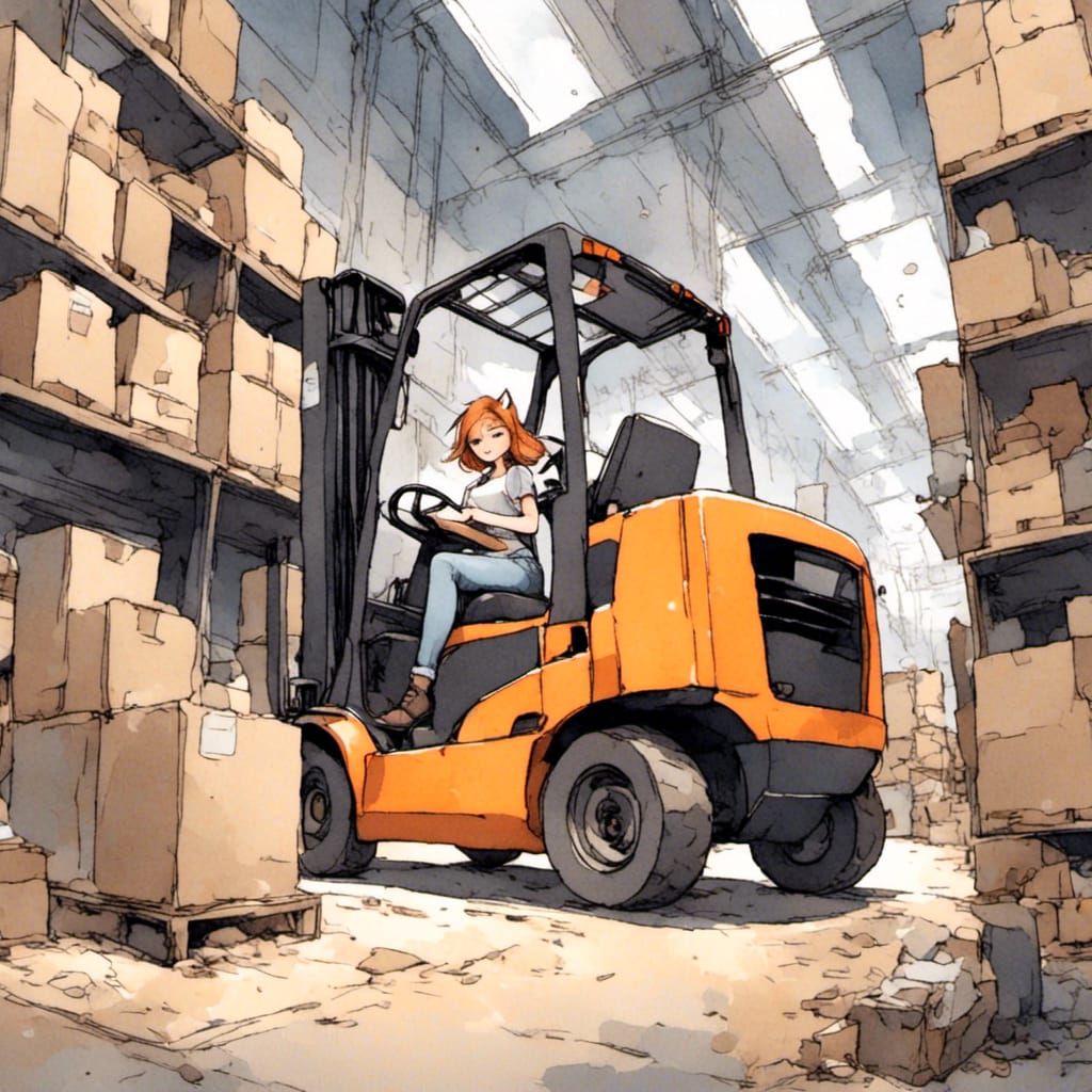 Fox-girl VIXEN operating a fork lift truck in a busy factory