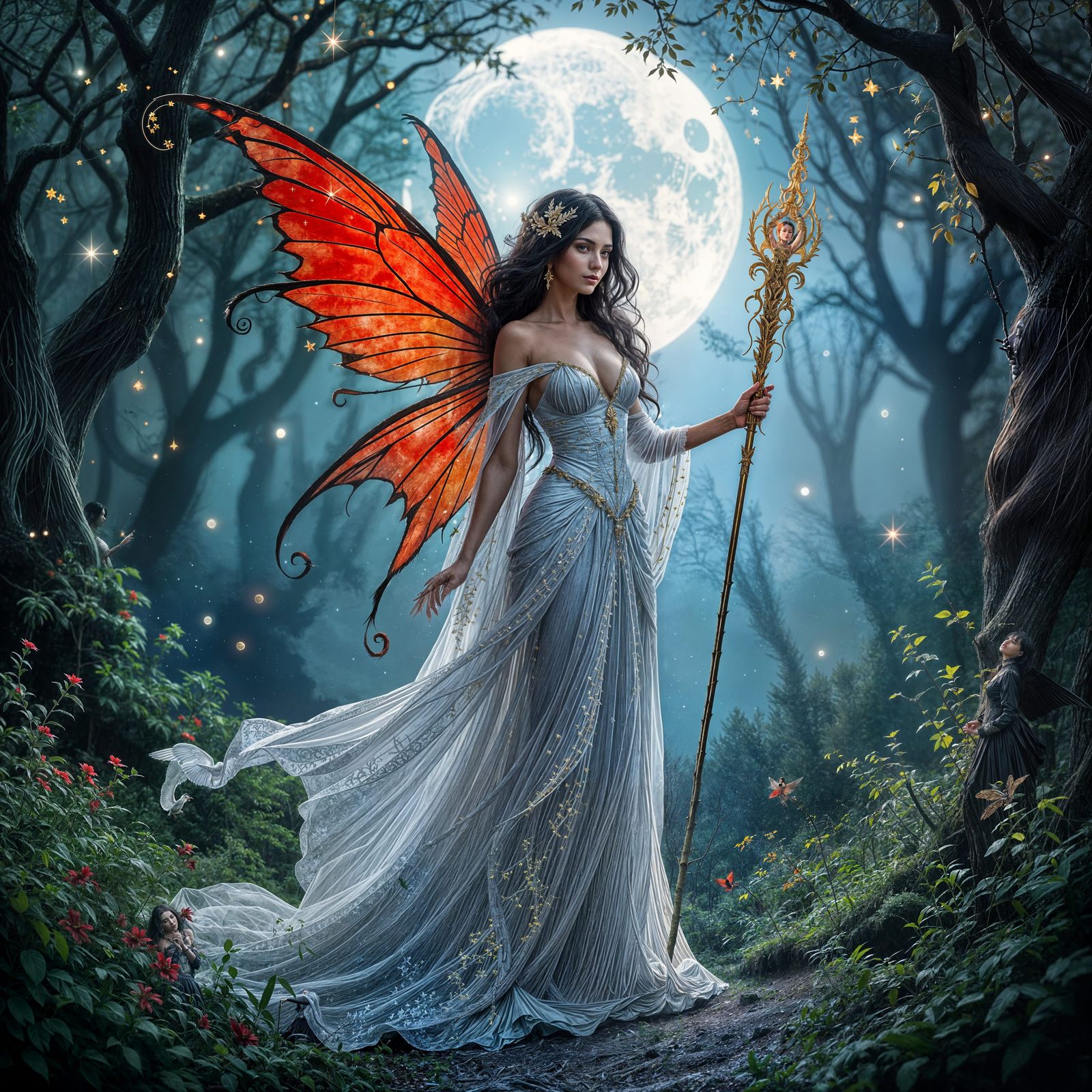 Enchanted Forest Fairy with Golden Scepter Under Moonlit Sky