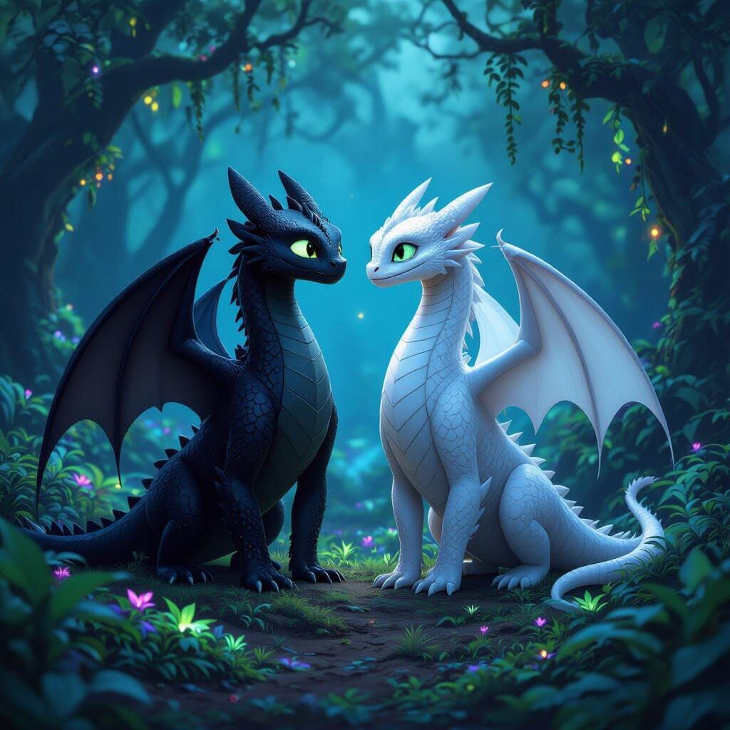 Toothless and Luna Dragons in Bioluminescent Forest