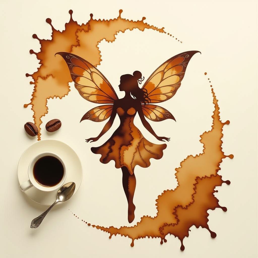 Coffee stain artwork, depicting a winged caffeine fairy. Dar...
