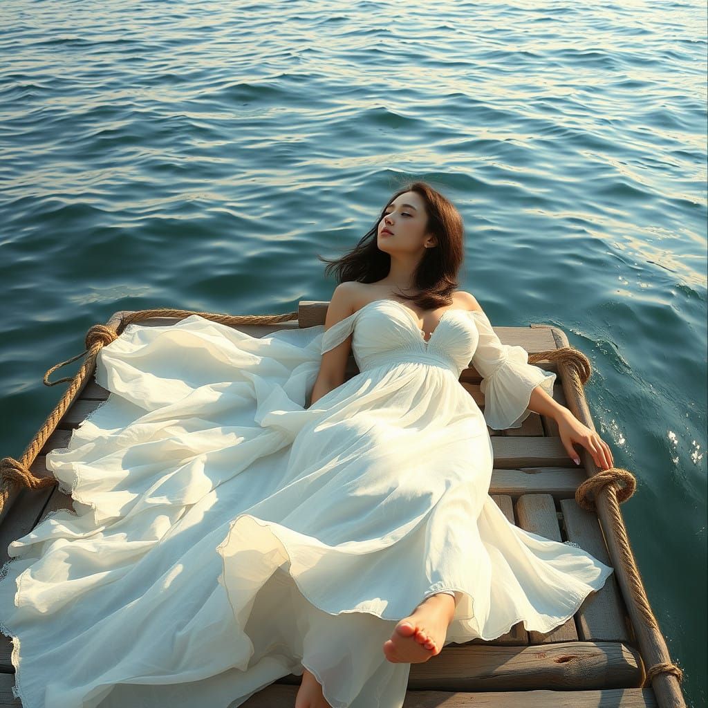 Ethereal Woman Reclines on Weathered Raft in Ocean