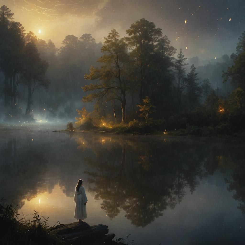 Ethereal Woman in Misty Forest Clearing