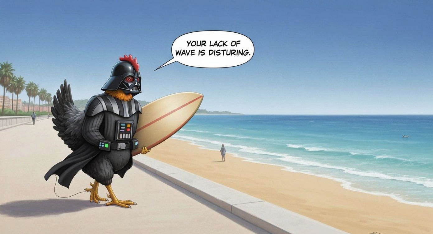Darth Vader Chicken Surfer on Beach Promenade