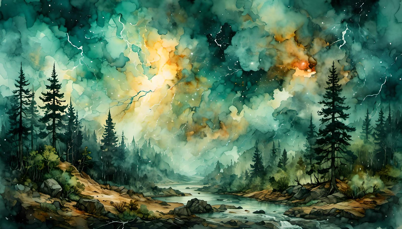 Epic Watercolor Thunderstorm Forest
