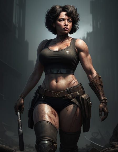 Betty Boop, Policeman.Tired warrior. Covered in blood, wounded, Torn police uniform, dirty, dusty, rusty, broken, ragged...