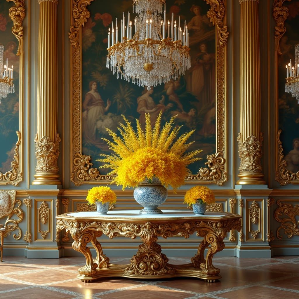 Elegant Palace Room with Golden Accents and Vibrant Yellow F...