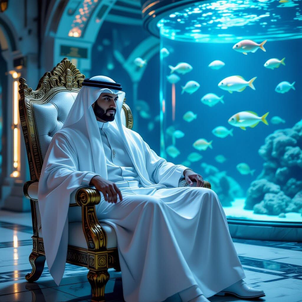 Cyberpunk Arab Sheikh on Throne with Aquarium