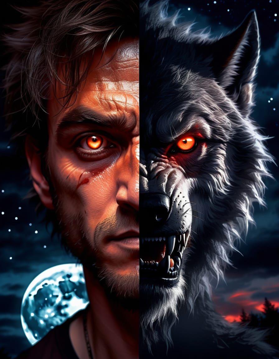 Human and Werewolf Face in Detailed Portrait