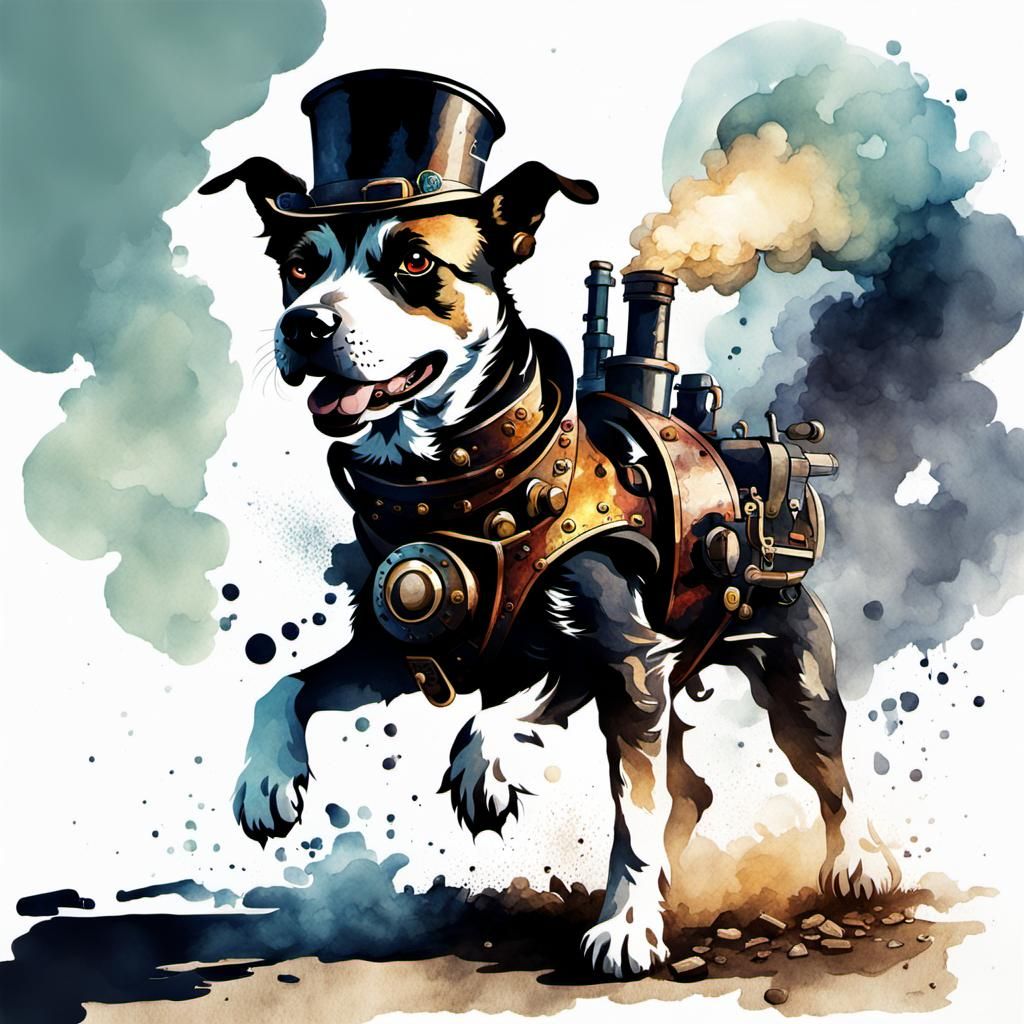 Steampunk Terrier Dog Illustration in Digital Watercolor