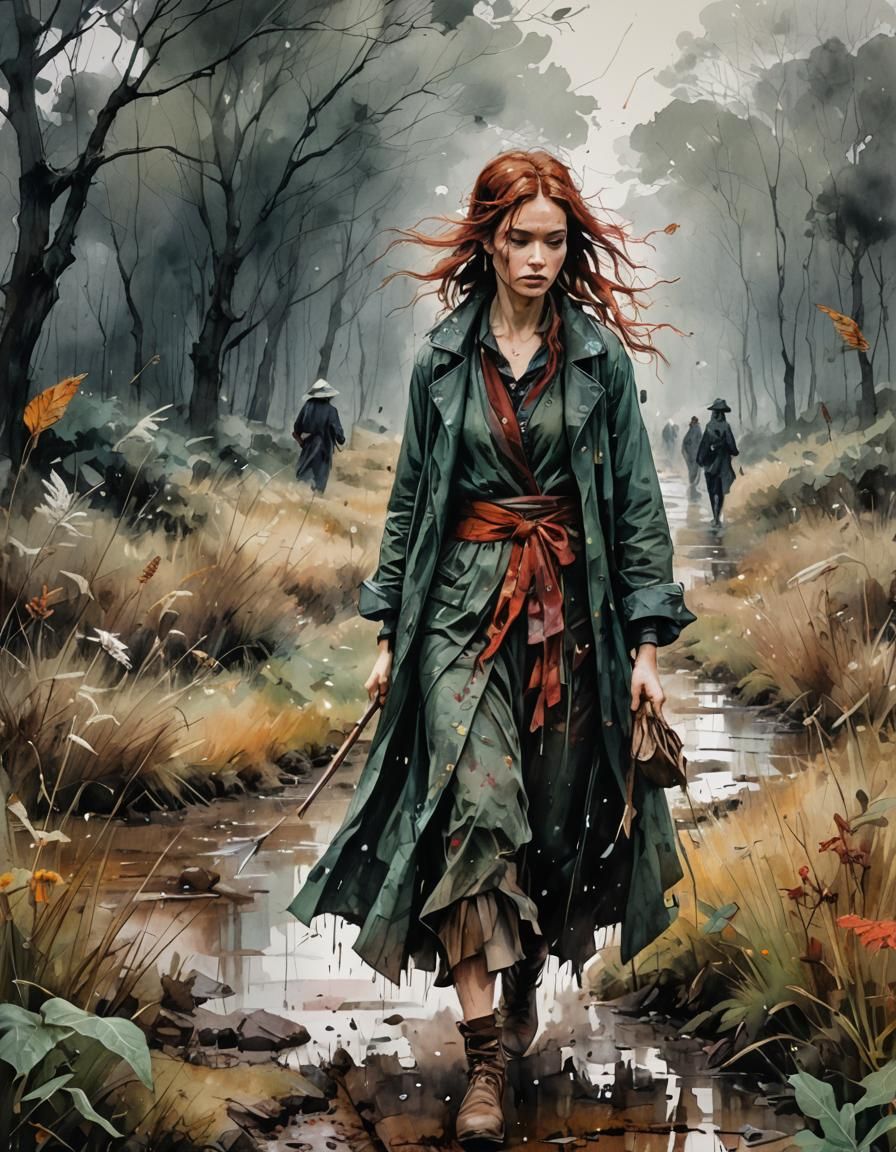 " "des milliers gouttes de pluie ouvrent la voie à travers des prairies sombres brumeuses, abritée sous son parapluie la...