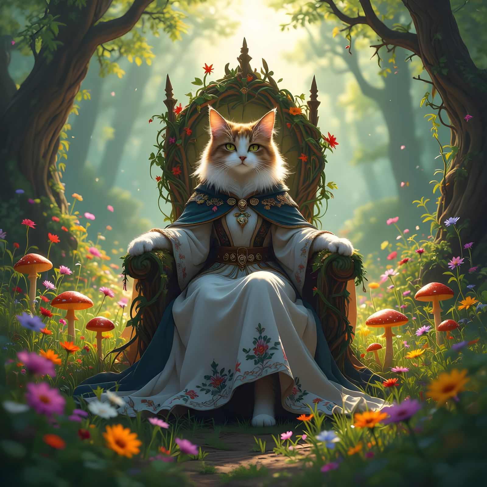 Enchanted Cat Queen on Mushroom Throne