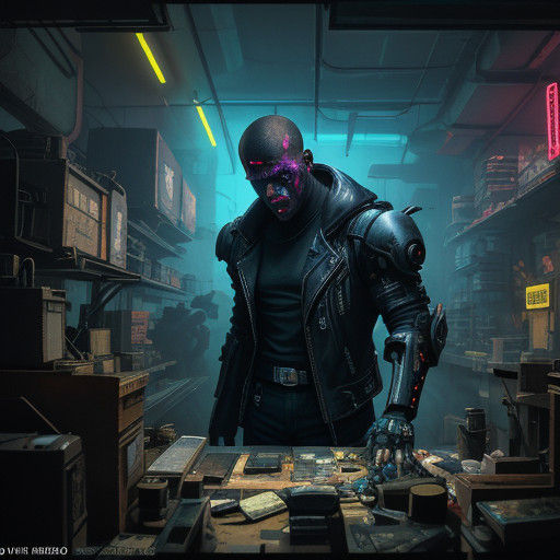 Cyberpunk Shopkeeper Amidst Animoid Menagerie