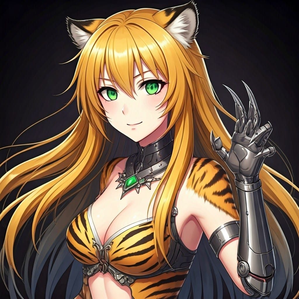 Anime Tiger Woman with Claws in Fantasy Outfit