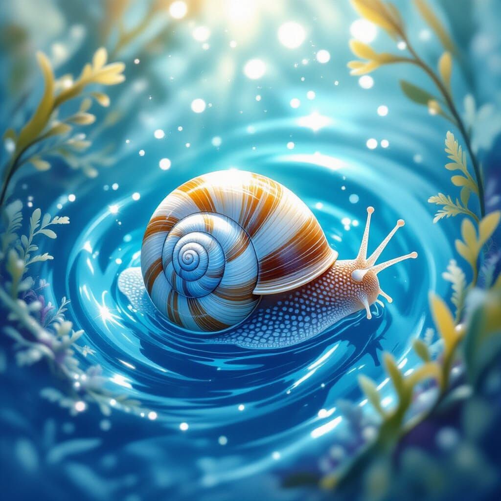 Luminescent Snail in Swirling Blue Water