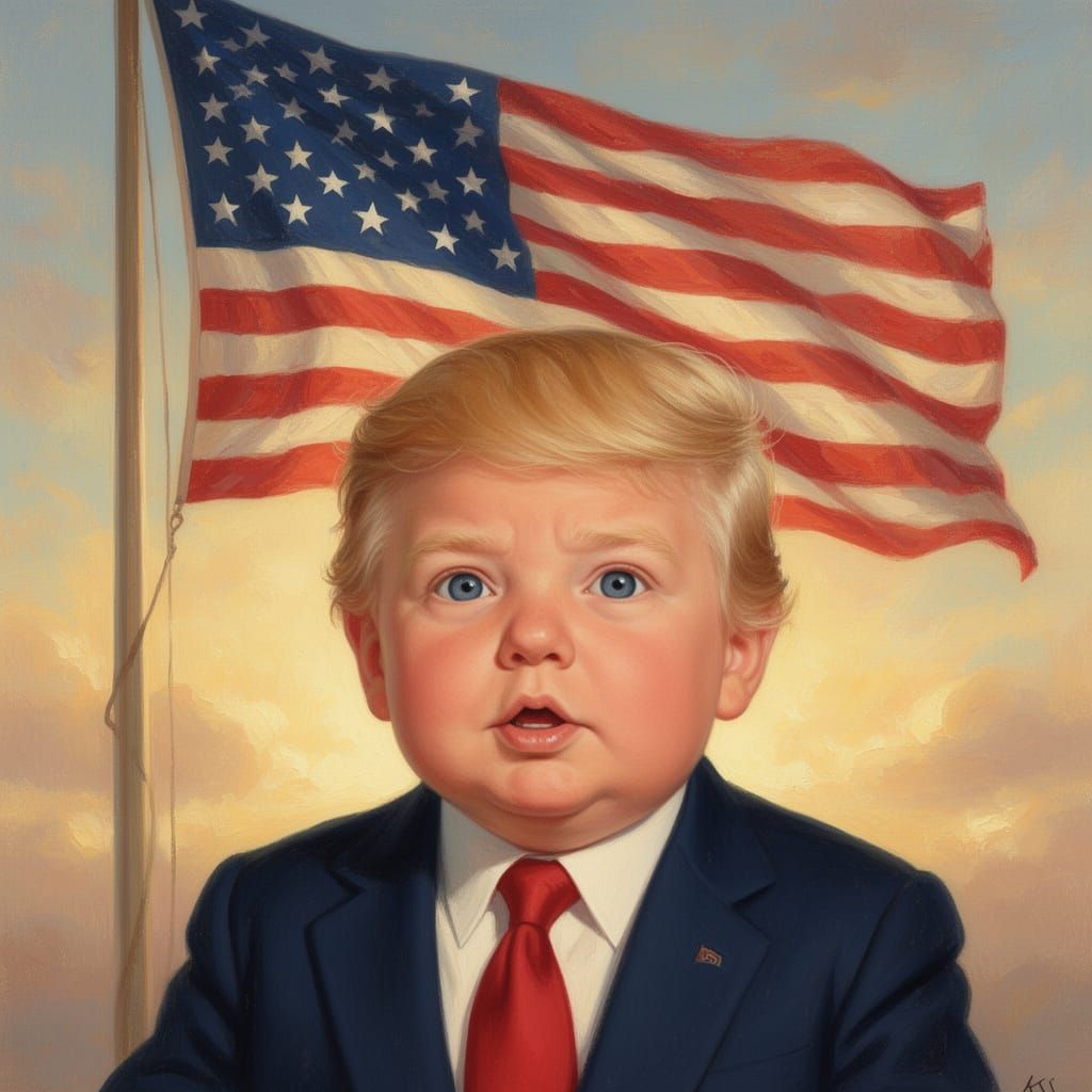 Adorable Baby Donald Trump in Suit with American Flag Backgr...