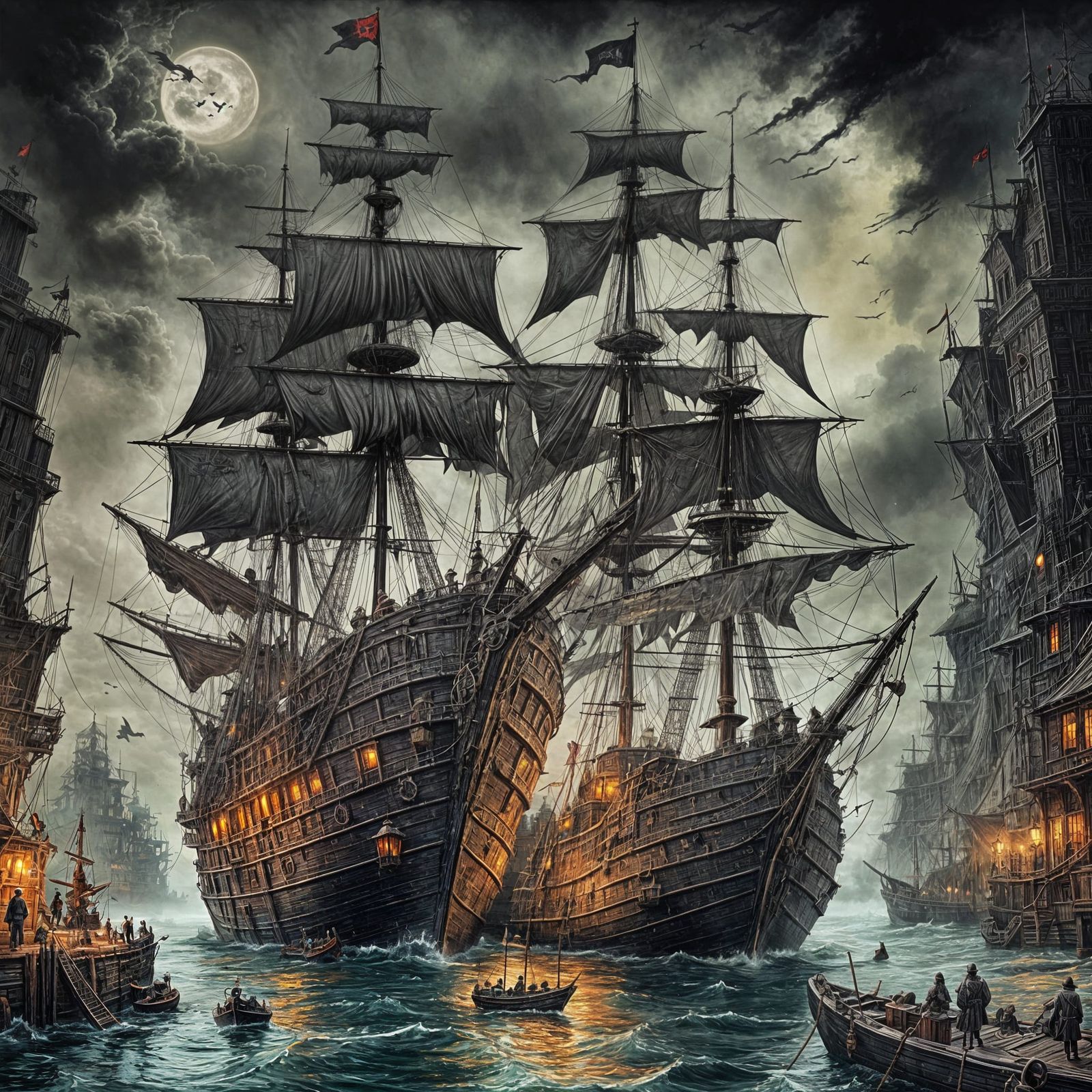 pirate ship, Harbour entrance, medieval docks, Charcoal and Ink splashes of sage, black, olive, brown color, large galle...