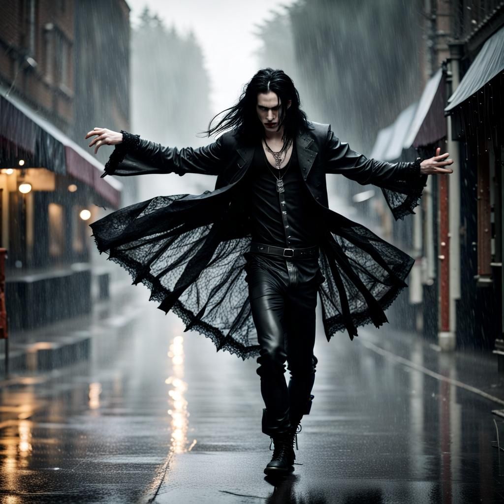 Goth Man Dancing in Rain with Silver Jewelry