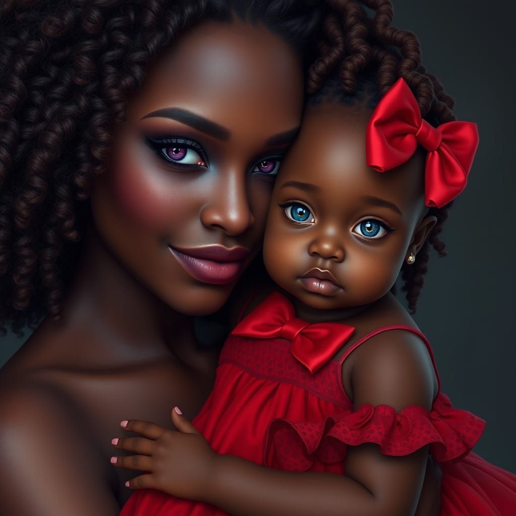 A Mocha-Toned Mother and Her Vibrant Daughter in Crimson Dre...