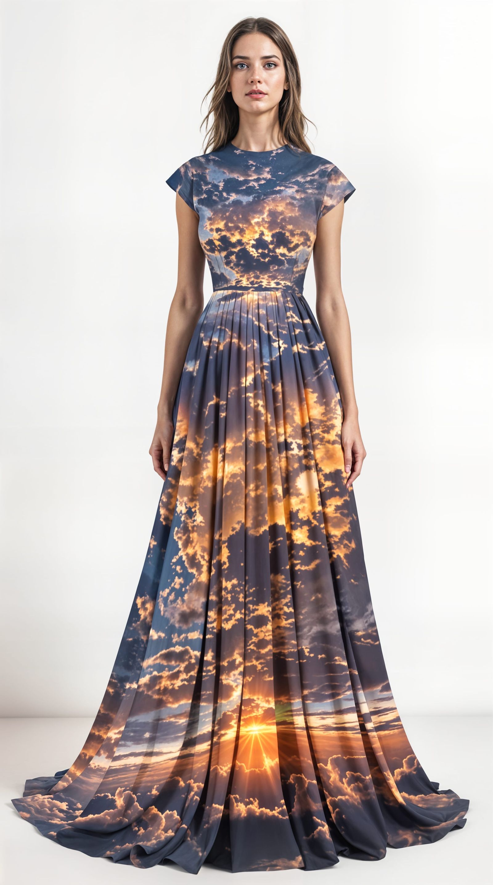 Dreamlike Woman in a Sky-Dressed Elegance