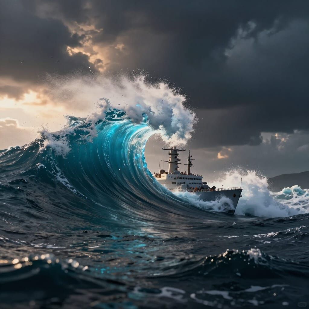 Epic Ocean Battle: Warship vs Giant Glowing Wave