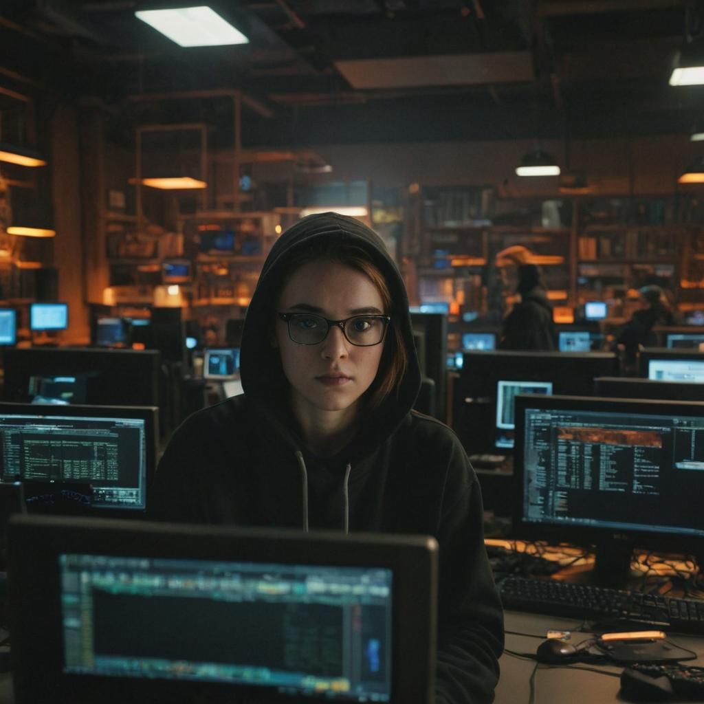 Female Hacker Surrounded by Computers in Film Still