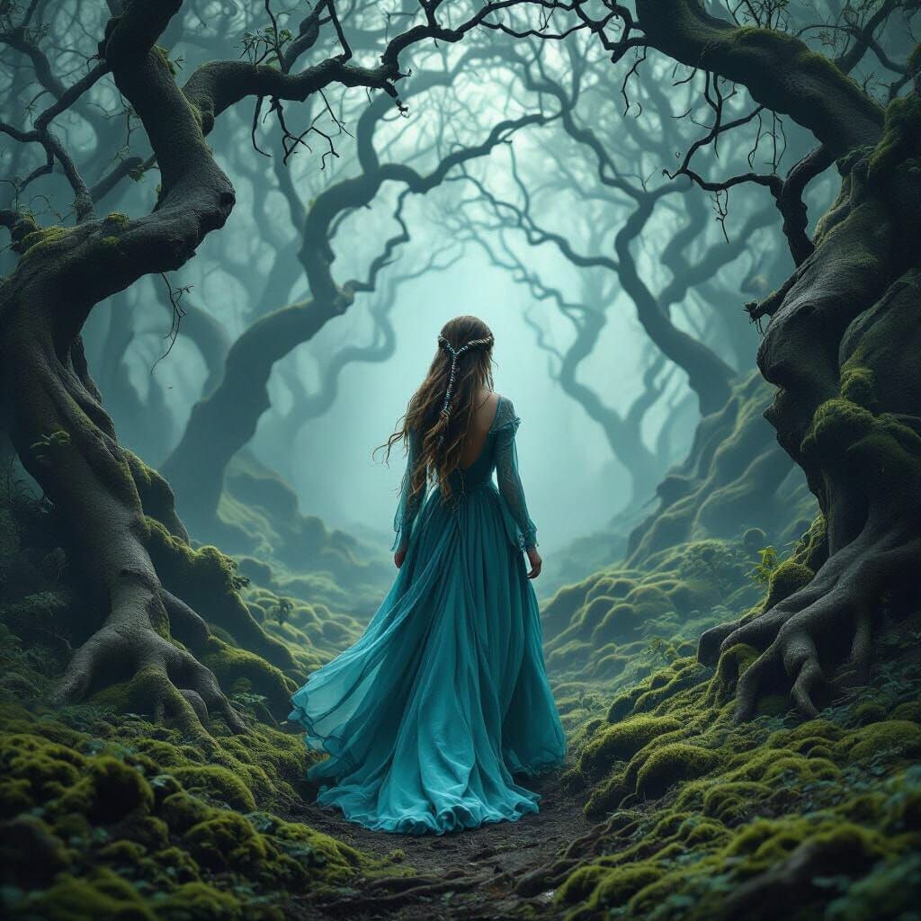 Mysterious Woman in Teal Gown in Enchanted Forest