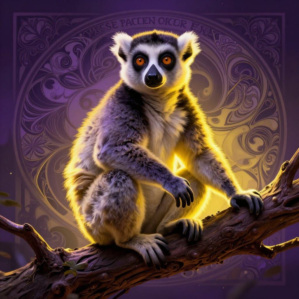 Light Lemur Perched on Branch, Dark Fantasy Art