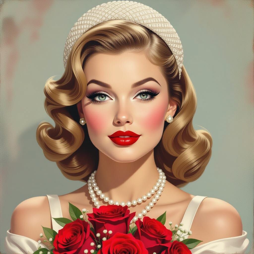 Glamorous 1950s Woman Portrait in Impasto Watercolor Style