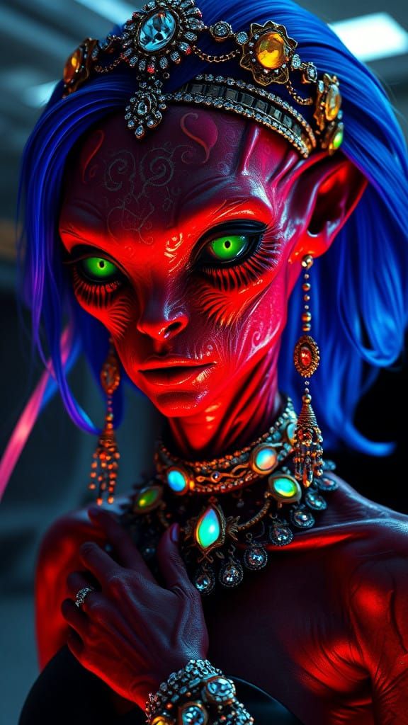 Glowing Red Alien Queen in Shimmering Space Regalia