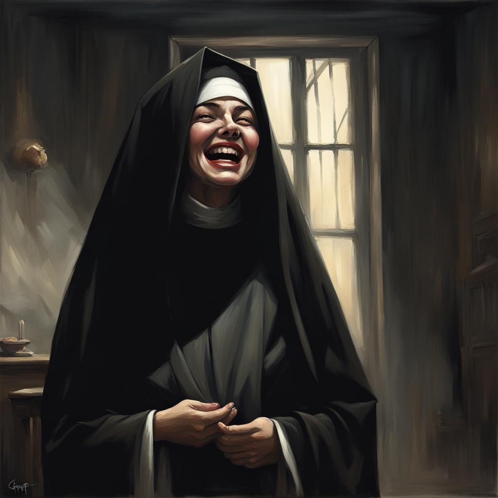 Laughing Nun with Black Hair in Dark Room